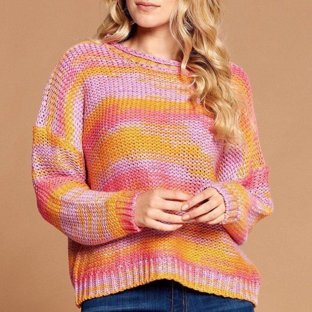 Women's Orange/Pink Multi-color Thread Round Neck Striped Knit Sweater NWT
